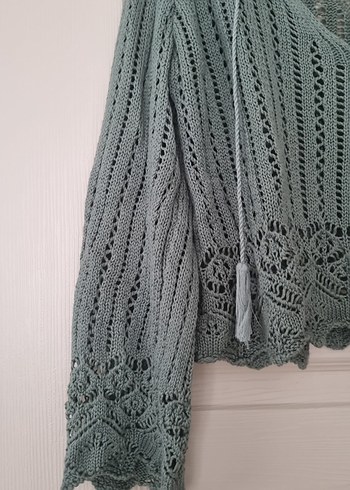 Bohem V Yaka yesil Örgü Kadın Kazak - Görsel 2