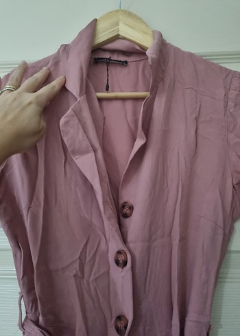 Pembe Keten Düğmeli Uzun Bohem tulum - Görsel 2