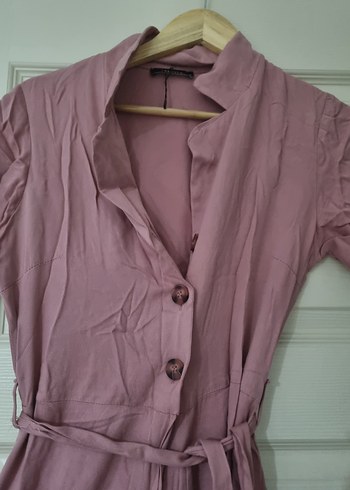 Pembe Keten Düğmeli Uzun Bohem tulum - Görsel 3