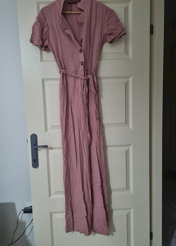 Pembe Keten Düğmeli Uzun Bohem tulum - Görsel 4