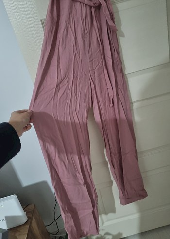 Pembe Keten Düğmeli Uzun Bohem tulum - Görsel 5