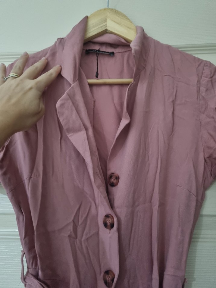 Pembe Keten Düğmeli Uzun Bohem tulum - Görsel 2