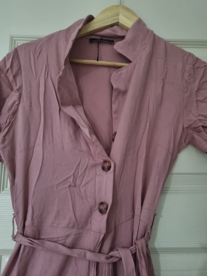 Pembe Keten Düğmeli Uzun Bohem tulum - Görsel 3