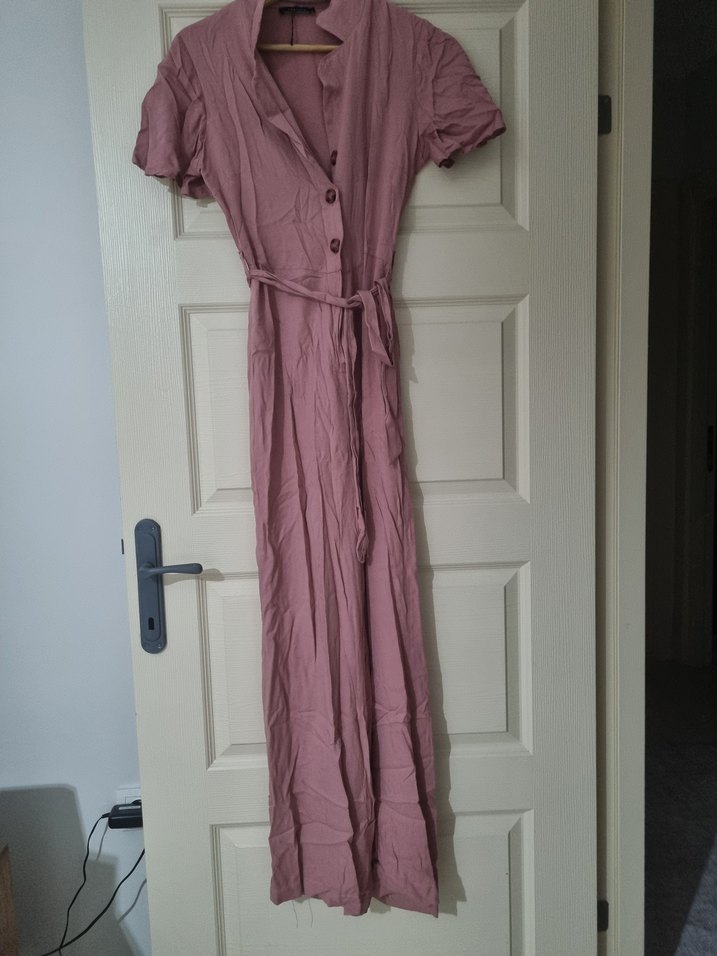 Pembe Keten Düğmeli Uzun Bohem tulum - Görsel 4