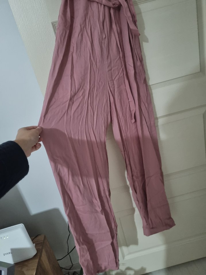 Pembe Keten Düğmeli Uzun Bohem tulum - Görsel 5