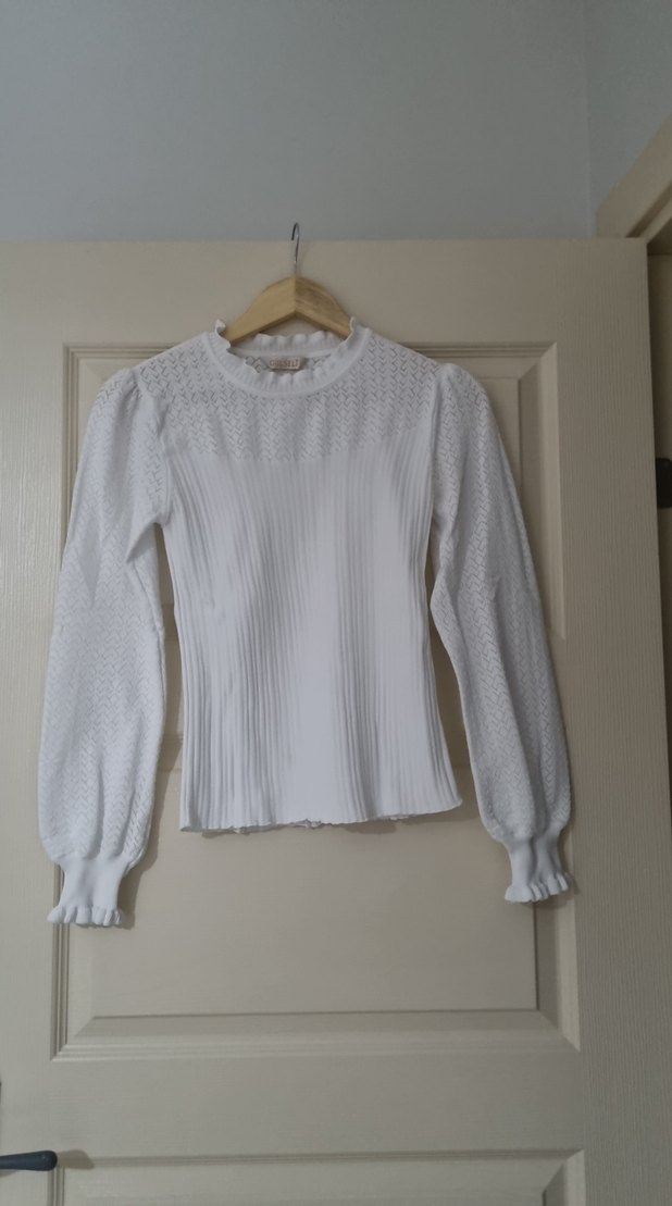 Beyaz Örgü Kadın Bluz, Uzun Kollu, İnce Kesim - Görsel 5