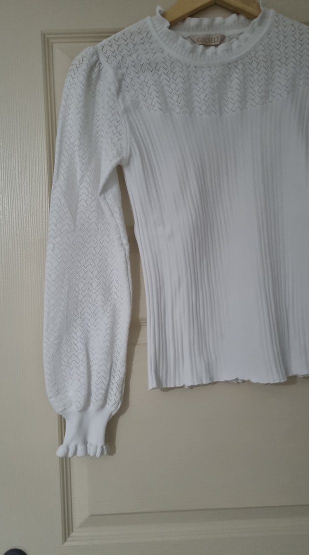 Beyaz Örgü Kadın Bluz, Uzun Kollu, İnce Kesim - Görsel 4