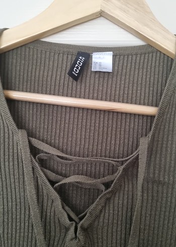 V Yaka Bağcıklı Fitilli yeşil Kadın Kazak - Görsel 2