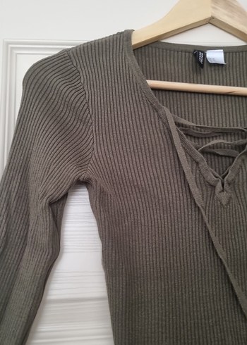 V Yaka Bağcıklı Fitilli yeşil Kadın Kazak - Görsel 3