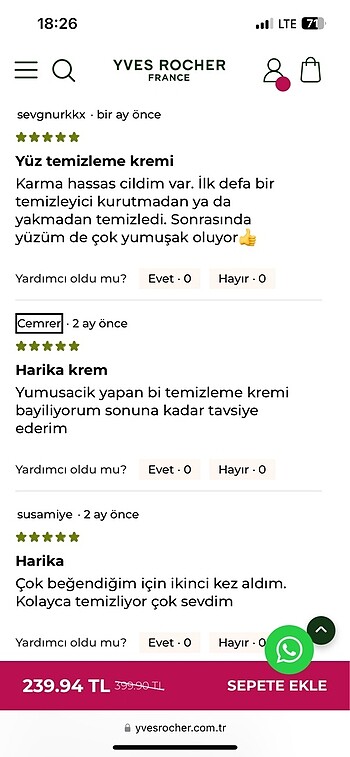 Yves Rocher Yvesrocher krem temzileyici