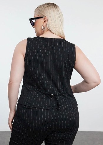 Düğmeli Siyah Çizgili Derili takım Kadın Yelek - Görsel 8