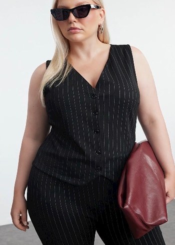 Düğmeli Siyah Çizgili Derili takım Kadın Yelek - Görsel 4