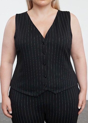 Düğmeli Siyah Çizgili Derili takım Kadın Yelek - Görsel 5