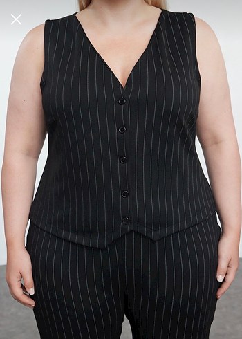 Düğmeli Siyah Çizgili Derili takım Kadın Yelek - Görsel 6