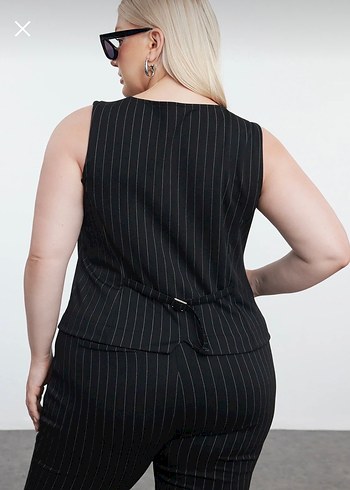 Düğmeli Siyah Çizgili Derili takım Kadın Yelek - Görsel 2