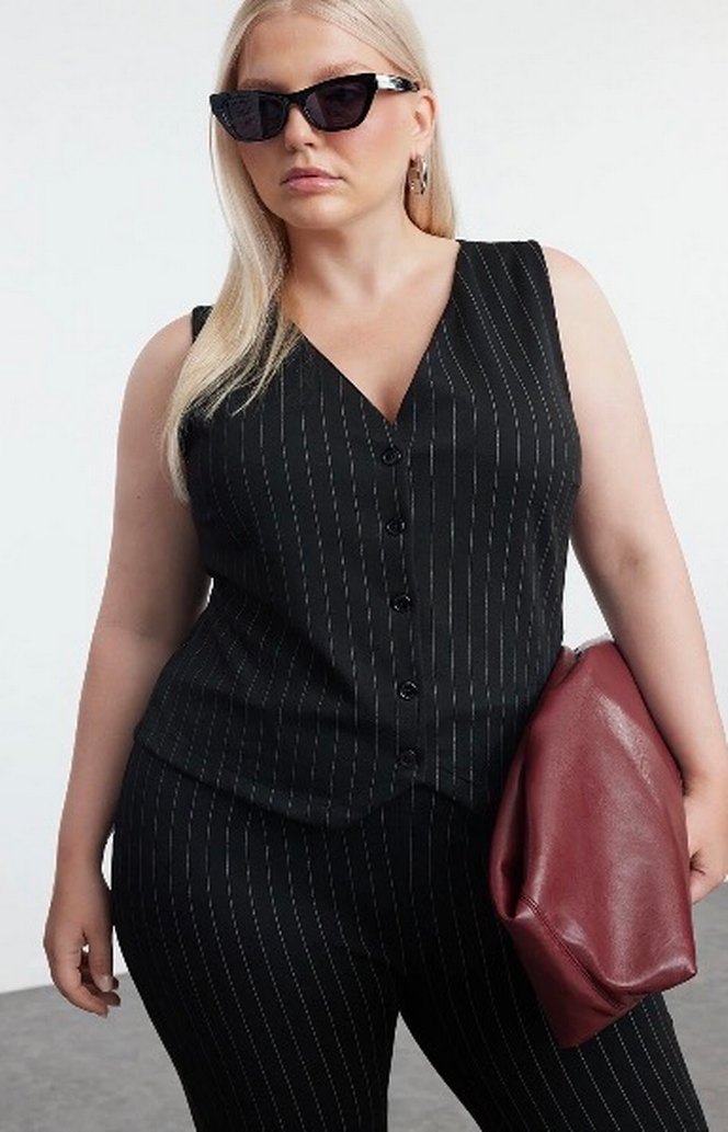 Düğmeli Siyah Çizgili Derili takım Kadın Yelek - Görsel 4