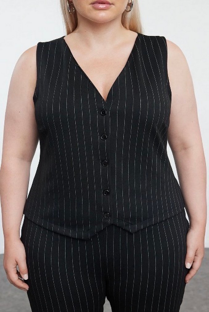 Düğmeli Siyah Çizgili Derili takım Kadın Yelek - Görsel 5