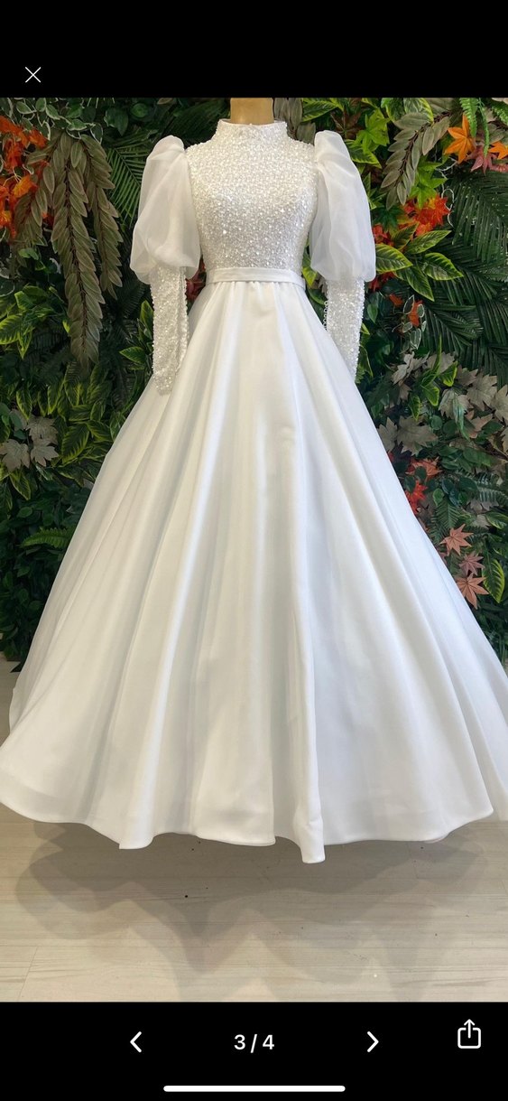 Uzun Kollu, Yüksek Yakalı Prenses Gelinlik - Görsel 3