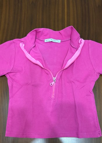 Pembe Kısa Kollu Fermuarlı Crop - Görsel 2