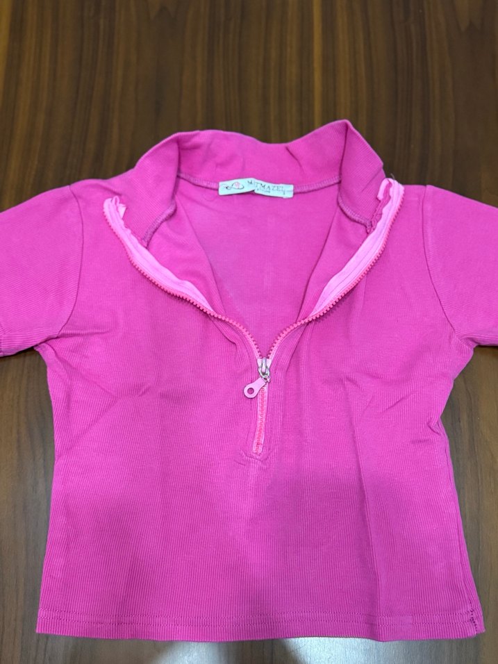 Pembe Kısa Kollu Fermuarlı Crop - Görsel 2