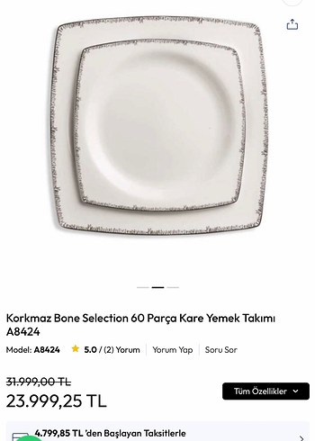 Korkmaz Bone Selection  Kare Yemek Takımı - Görsel 2