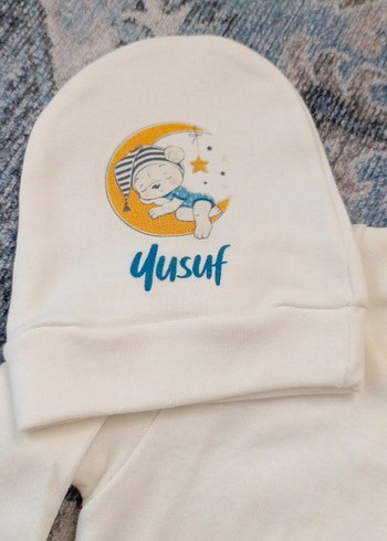 Beyaz Baskılı Bebek Tulum ve Şapka Seti - Görsel 3