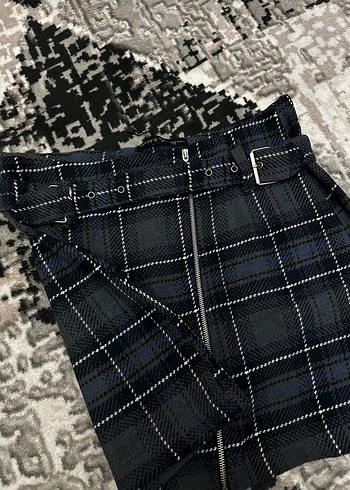 Kemerli Gri Kareli Mini Etek - Görsel 3