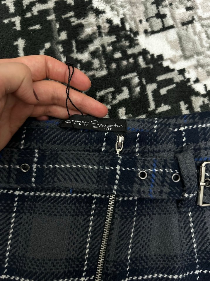 Kemerli Gri Kareli Mini Etek - Görsel 2