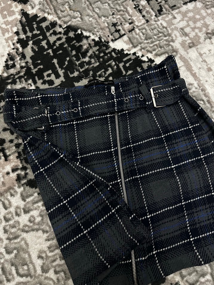 Kemerli Gri Kareli Mini Etek - Görsel 3