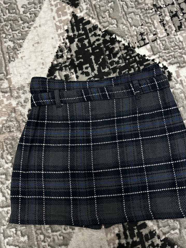 Kemerli Gri Kareli Mini Etek - Görsel 4