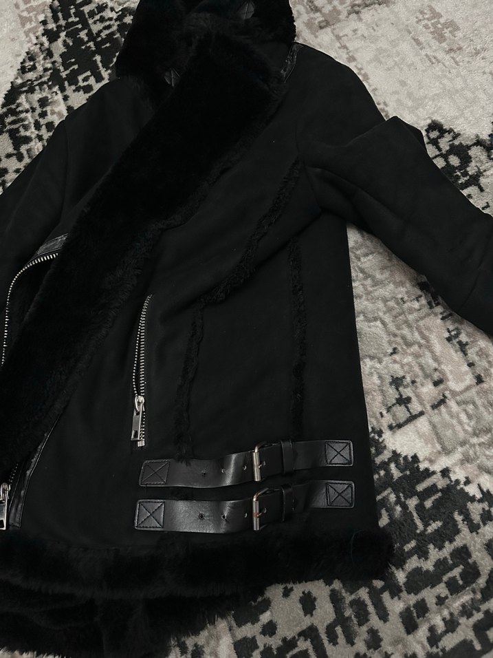 Siyah Kürklü Biker Kadın Kışlık Ceket - Görsel 4