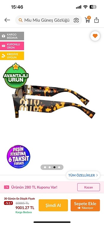 Original miumiu güneş gözlüğü