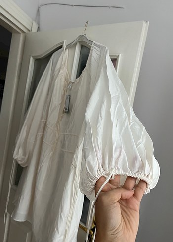 Beyaz Bağcıklı Oversize Keten Bluz elbise etiketli H&M - Görsel 8