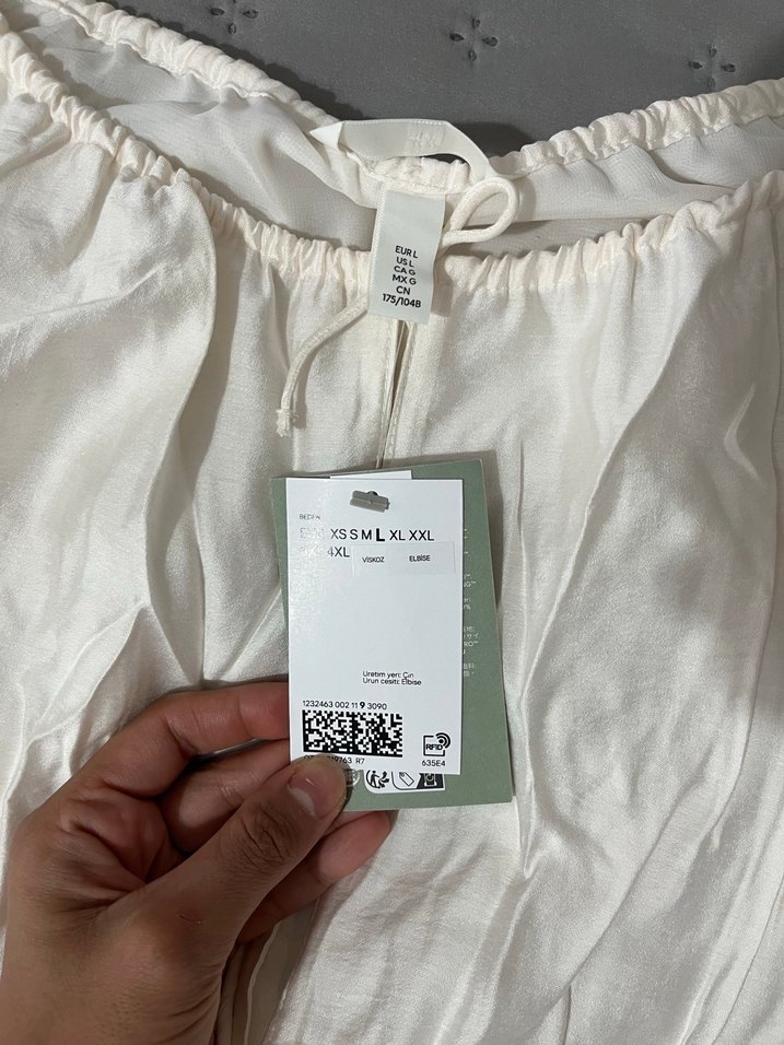 Beyaz Bağcıklı Oversize Keten Bluz elbise etiketli H&M - Görsel 5