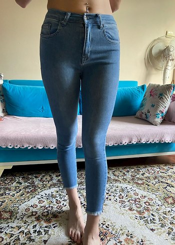 Düğmeli, Pastel Mavi Kadın Jean Pantolon