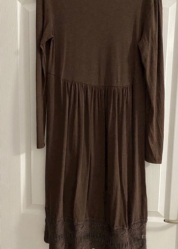 Uzun Kollu Kahverengi Salaş Triko Elbise - Görsel 3