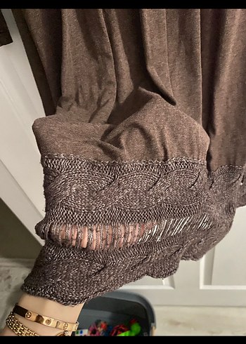 Uzun Kollu Kahverengi Salaş Triko Elbise - Görsel 2