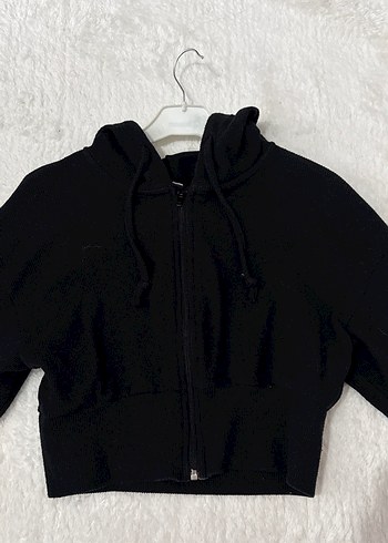 Siyah Fermuarlı Kapüşonlu Kadın Sweatshirt - Görsel 2