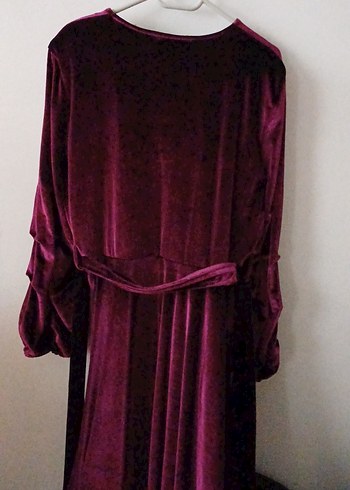 Bordo Uzun Kollu kruvaze Yaka Kadife Kadın Elbise - Görsel 2