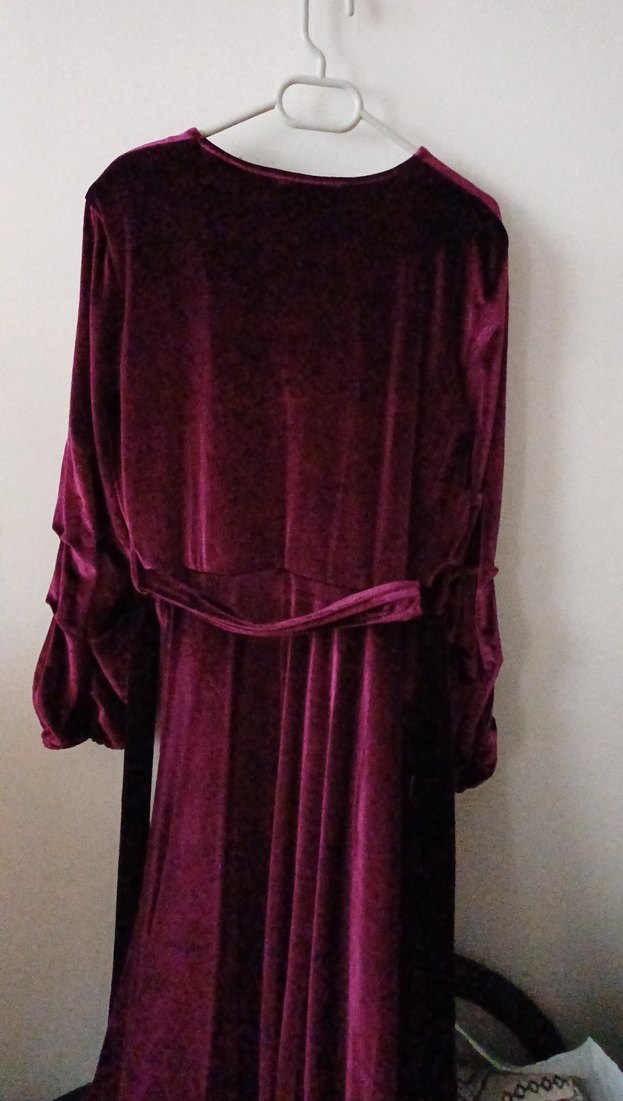 Bordo Uzun Kollu kruvaze Yaka Kadife Kadın Elbise - Görsel 2