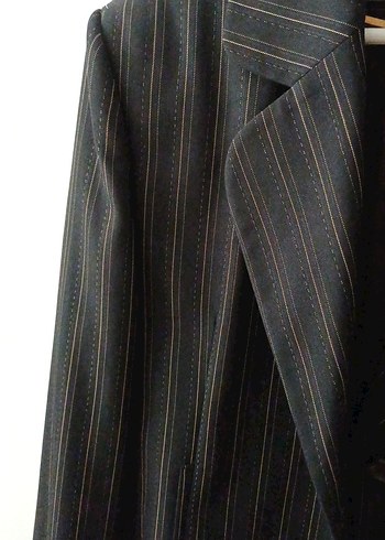 Kadın Siyah Çizgili Midi Blazer Ceket - Görsel 2