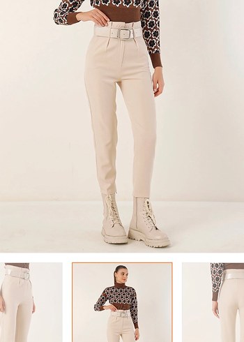 Bej Kadın Süet Kumaş Pantolon - Görsel 3