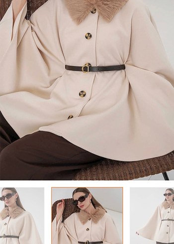 Bej Düğmeli Kadın Panço, Midi Boy - Görsel 3