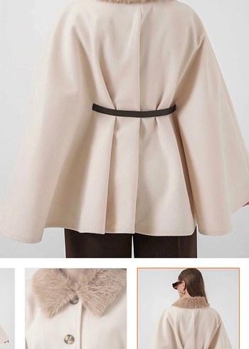 Bej Düğmeli Kadın Panço, Midi Boy - Görsel 6