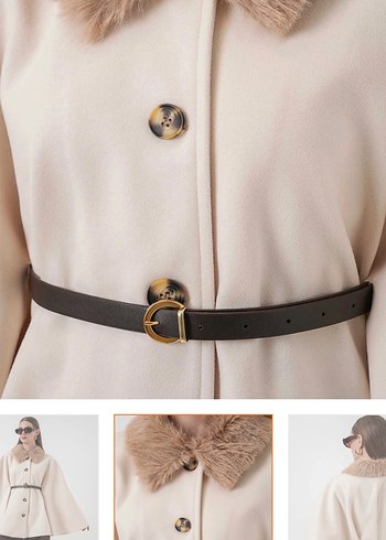 Bej Düğmeli Kadın Panço, Midi Boy - Görsel 5