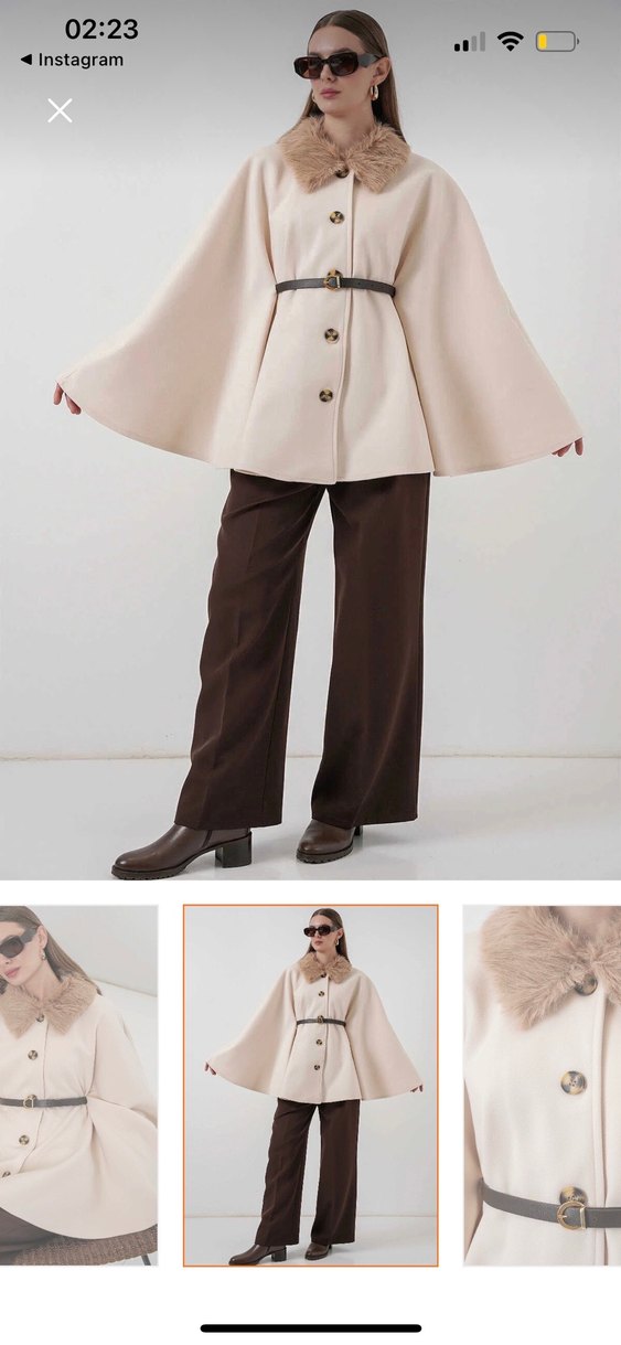 Bej Düğmeli Kadın Panço, Midi Boy - Görsel 4