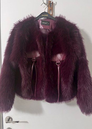 Bordo Kürklü Deri Detaylı Kadın Ceket - Görsel 2