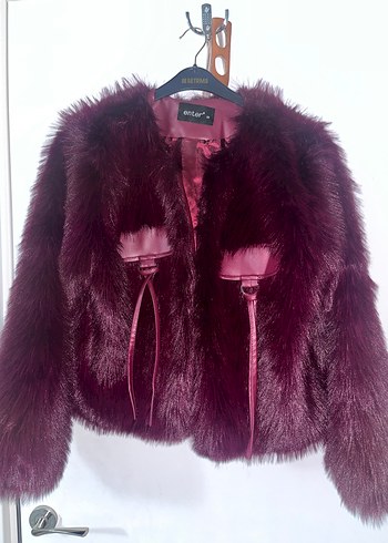 Bordo Kürklü Deri Detaylı Kadın Ceket - Görsel 3