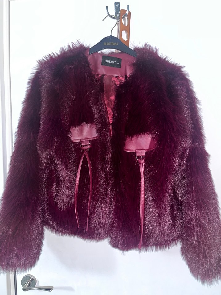 Bordo Kürklü Deri Detaylı Kadın Ceket - Görsel 3