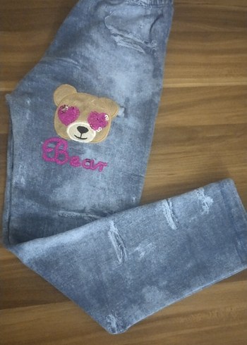 Kız Çocuk Gri Baskılı Tüylü Denim Tayt - Görsel 2
